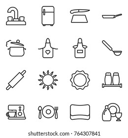 Thin line icon set : water tap, fridge, cutting board, pan, steam, apron, ladle, rolling pin, gas oven, induction, salt pepper, coffee maker, fork spoon plate, sponge, dish cleanser