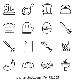 Thin line icon set : water tap, pan, kettle, chief hat, cook glove, egg timer, whisk, skimmer, cutting board, blender, grater, eggplant, bread, sponge with foam, sink