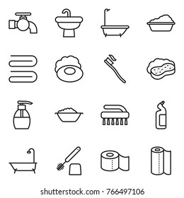 Thin line icon set : water tap, sink, bath, washing, towel, soap, tooth brush, sponge with foam, liquid, basin, toilet cleanser, paper