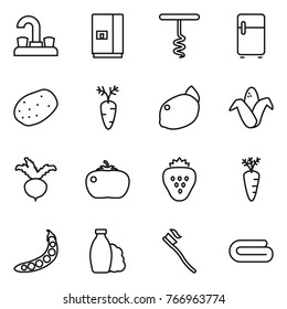 Thin line icon set : water tap, fridge, corkscrew, potato, carrot, lemon, corn, beet, tomato, strawberry, peas, shampoo, tooth brush, towel