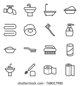 Thin line icon set : water tap, sink, bath, washing, towel, soap, tooth brush, liquid, foam basin, cleanser powder, toilet, paper