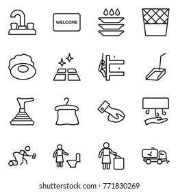 Thin line icon set : water tap, welcome mat, plate washing, trash bin, soap, clean floor, skyscrapers cleaning, scoop, plunger, hanger, wiping, hand dryer, vacuum cleaner, toilet, garbage, home call