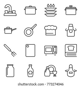 Thin line icon set : water tap, pan, plate washing, saute, chief hat, apron, big fork, cutting board, microwave oven, cooking book, bank, ketchup, dish cleanser