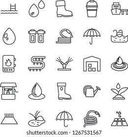 Thin Line Icon Set - watering can vector, bucket, boot, water drop, well, hose, pond, drip irrigation, sea port, umbrella, pool, warehouse, heater, filter, warm floor