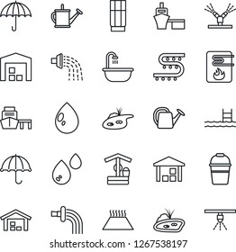 Thin Line Icon Set - watering can vector, bucket, water drop, well, drip irrigation, sea port, umbrella, warehouse, pond, pool, bathroom, drink, heater, warm floor, sprinkler
