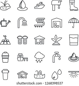 Thin Line Icon Set - watering can vector, bucket, boot, water drop, rain, pond, drip irrigation, sea shipping, port, umbrella, warehouse, pool, supply, bathroom, drink, filter, warm floor, sprinkler