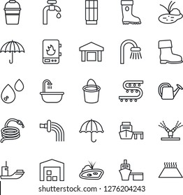 Thin Line Icon Set - watering can vector, bucket, boot, hose, pond, drip irrigation, sea shipping, port, umbrella, warehouse, water supply, bathroom, drink, heater, warm floor