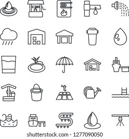 Thin Line Icon Set - watering can vector, bucket, water drop, rain, well, pond, drip irrigation, sea port, umbrella, warehouse, pool, drink, heater, filter, warm floor, sprinkler
