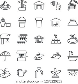 Thin Line Icon Set - watering can vector, bucket, well, hose, pond, drip irrigation, sea shipping, port, umbrella, warehouse, water supply, bathroom, filter, warm floor, sprinkler