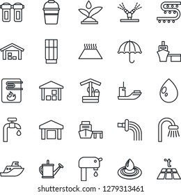 Thin Line Icon Set - watering can vector, bucket, water drop, well, drip irrigation, sea shipping, port, umbrella, warehouse, supply, bathroom, drink, heater, filter, warm floor