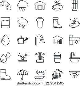 Thin Line Icon Set - watering can vector, bucket, boot, water drop, rain, well, hose, pond, drip irrigation, umbrella, warehouse, bathroom, drink, filter, sprinkler
