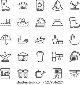 Thin Line Icon Set - watering can vector, boot, water drop, well, hose, drip irrigation, sea shipping, port, umbrella, warehouse, pond, pool, bathroom, heater, filter, warm floor, sprinkler