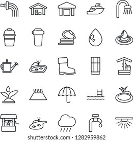 Thin Line Icon Set - watering can vector, bucket, boot, water drop, rain, well, hose, pond, sea shipping, umbrella, warehouse, pool, supply, bathroom, drink, irrigation, filter, warm floor