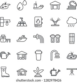 Thin Line Icon Set - watering can vector, boot, rain, hose, drip irrigation, sea shipping, port, warehouse, pond, bathroom, drink, water heater, filter, warm floor, sprinkler