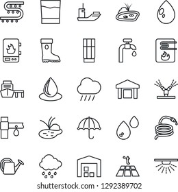 Thin Line Icon Set - watering can vector, boot, water drop, rain, hose, pond, drip irrigation, sea shipping, port, umbrella, warehouse, supply, drink, heater, warm floor, sprinkler