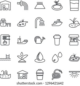 Thin Line Icon Set - watering can vector, bucket, water drop, well, hose, pond, sea shipping, port, warehouse, pool, bathroom, drink, irrigation, heater, filter, warm floor, sprinkler
