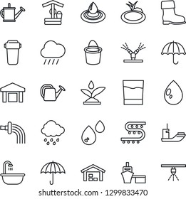 Thin Line Icon Set - watering can vector, bucket, boot, water drop, rain, well, pond, drip irrigation, sea shipping, port, umbrella, warehouse, bathroom, drink, filter, sprinkler