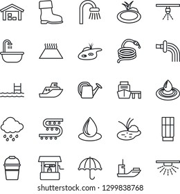 Thin Line Icon Set - watering can vector, bucket, boot, water drop, rain, well, hose, pond, drip irrigation, sea shipping, port, umbrella, pool, warehouse, bathroom, drink, warm floor, sprinkler
