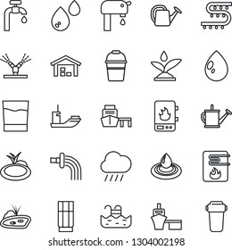 Thin Line Icon Set - watering can vector, bucket, water drop, rain, pond, drip irrigation, sea shipping, port, pool, supply, warehouse, drink, heater, filter