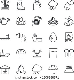 Thin Line Icon Set - watering can vector, boot, water drop, rain, well, hose, pond, sea shipping, port, umbrella, warehouse, pool, supply, drink, irrigation, heater, filter, warm floor