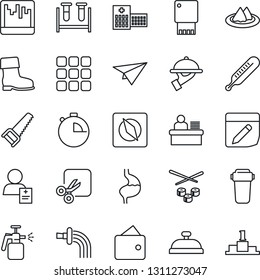Thin Line Icon Set - watering vector, boot, saw, garden sprayer, blood test vial, thermometer, stomach, hospital, patient, menu, stopwatch, scanner, notes, cut, compass, manager desk, serviette