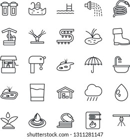 Thin Line Icon Set - watering vector, boot, water drop, rain, well, hose, pond, drip irrigation, umbrella, pool, supply, warehouse, bathroom, drink, heater, filter, sprinkler