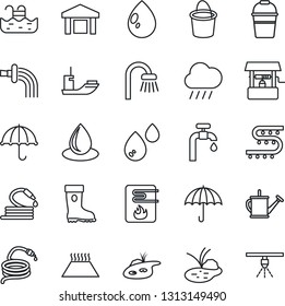 Thin Line Icon Set - watering can vector, bucket, boot, water drop, rain, well, hose, pond, drip irrigation, sea shipping, umbrella, warehouse, pool, supply, bathroom, heater, warm floor, sprinkler