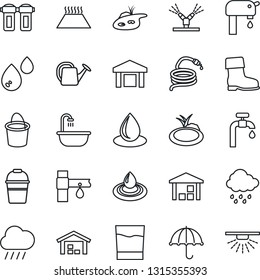 Thin Line Icon Set - watering can vector, bucket, boot, water drop, rain, hose, pond, drip irrigation, umbrella, warehouse, supply, bathroom, drink, filter, warm floor, sprinkler