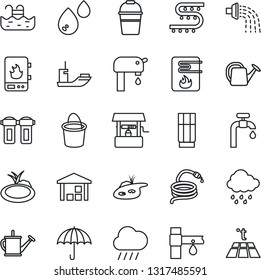 Thin Line Icon Set - watering can vector, bucket, rain, well, hose, pond, drip irrigation, sea shipping, umbrella, warehouse, pool, water supply, drink, heater, filter, warm floor