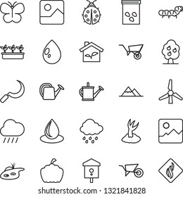 Thin Line Icon Set - watering can vector, wheelbarrow, sproute, butterfly, lady bug, seedling, water drop, rain, sickle, pumpkin, seeds, caterpillar, bird house, gallery, pond, windmill, fruit tree