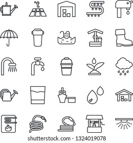 Thin Line Icon Set - watering can vector, bucket, boot, rain, well, hose, drip irrigation, sea port, umbrella, pool, water supply, warehouse, bathroom, drink, heater, filter, warm floor, sprinkler