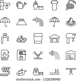 Thin Line Icon Set - watering can vector, hose, drip irrigation, sea port, umbrella, warehouse, pond, pool, water supply, drink, heater, filter, warm floor, sprinkler