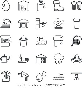 Thin Line Icon Set - watering can vector, bucket, boot, water drop, rain, well, hose, drip irrigation, sea shipping, warehouse, pool, supply, filter, sprinkler