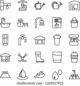 Thin Line Icon Set - watering can vector, bucket, boot, water drop, well, drip irrigation, sea shipping, port, warehouse, supply, bathroom, drink, heater, filter, warm floor