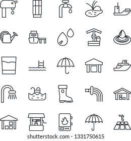Thin Line Icon Set - watering can vector, boot, well, pond, sea shipping, port, umbrella, warehouse, pool, water supply, bathroom, drink, heater, warm floor