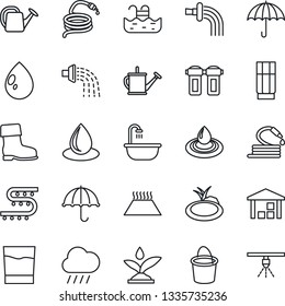 Thin Line Icon Set - watering can vector, bucket, boot, water drop, rain, hose, pond, drip irrigation, umbrella, warehouse, pool, bathroom, drink, filter, warm floor, sprinkler