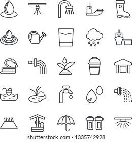 Thin Line Icon Set - watering can vector, bucket, boot, water drop, rain, well, hose, pond, sea shipping, port, umbrella, warehouse, pool, supply, bathroom, drink, irrigation, filter, warm floor