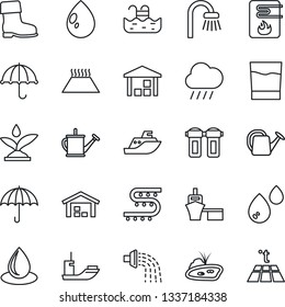 Thin Line Icon Set - watering can vector, boot, water drop, rain, drip irrigation, sea shipping, port, umbrella, warehouse, pond, pool, bathroom, drink, heater, filter, warm floor