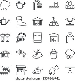 Thin Line Icon Set - watering can vector, bucket, boot, rain, well, hose, pond, drip irrigation, warehouse, pool, water supply, bathroom, drink, filter, warm floor, sprinkler