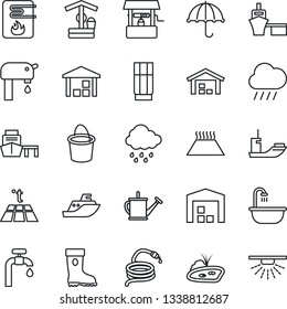 Thin Line Icon Set - watering can vector, bucket, boot, rain, well, hose, sea shipping, port, umbrella, warehouse, pond, water supply, bathroom, drink, heater, warm floor, sprinkler
