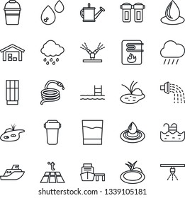 Thin Line Icon Set - watering can vector, bucket, water drop, rain, hose, pond, sea shipping, port, pool, warehouse, drink, irrigation, heater, filter, warm floor, sprinkler