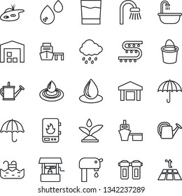 Thin Line Icon Set - watering can vector, bucket, water drop, rain, well, drip irrigation, sea port, umbrella, warehouse, pond, pool, supply, bathroom, drink, heater, filter, warm floor