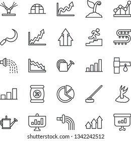 Thin Line Icon Set - watering can vector, sproute, hoe, sickle, greenhouse, fertilizer, drip irrigation, bar graph, pie, point, career ladder, arrow up, growth, crisis, presentation