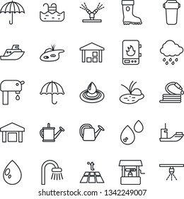 Thin Line Icon Set - watering can vector, boot, water drop, rain, well, hose, pond, sea shipping, umbrella, warehouse, pool, supply, bathroom, irrigation, heater, filter, warm floor, sprinkler