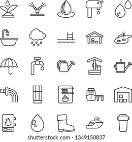 Thin Line Icon Set - watering can vector, boot, water drop, rain, well, sea shipping, port, umbrella, pond, pool, supply, warehouse, bathroom, drink, irrigation, heater, filter