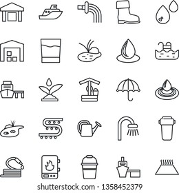 Thin Line Icon Set - watering can vector, bucket, boot, water drop, well, hose, pond, drip irrigation, sea shipping, port, umbrella, warehouse, pool, bathroom, drink, heater, filter, warm floor