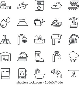 Thin Line Icon Set - watering can vector, boot, rain, well, hose, drip irrigation, sea shipping, port, pond, pool, water supply, warehouse, bathroom, drink, heater, warm floor, sprinkler