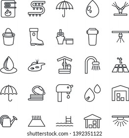 Thin Line Icon Set - watering can vector, bucket, boot, water drop, well, hose, drip irrigation, sea port, umbrella, warehouse, pond, pool, supply, bathroom, heater, filter, warm floor, sprinkler