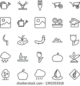 Thin Line Icon Set - watering can vector, wheelbarrow, water drop, rain, sickle, plant label, pumpkin, caterpillar, pond, tulip, gallery, fruit tree, mountains, flower in pot, alcohol, eco house