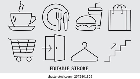 Thin line icon set for wayfinding signage, including icons for cafe, restaurant, fast food, shopping, grocery, entrance, cloakroom and stairs clean and simple design, black and white.